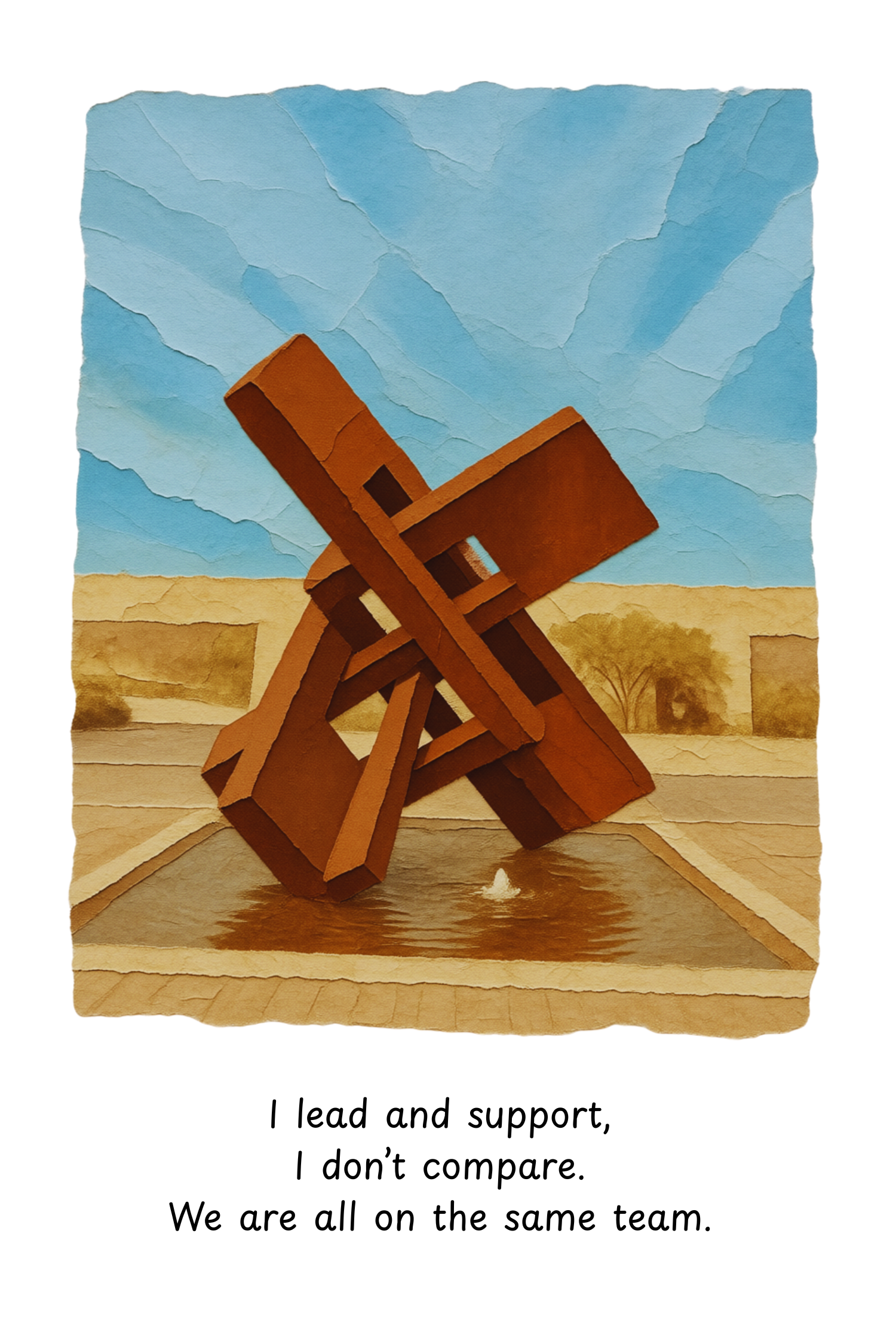 A page from The Sun Stone Theory with a torn-paper figure and the mantra ‘I lead and support, I don’t compare. We are all on the same team.’