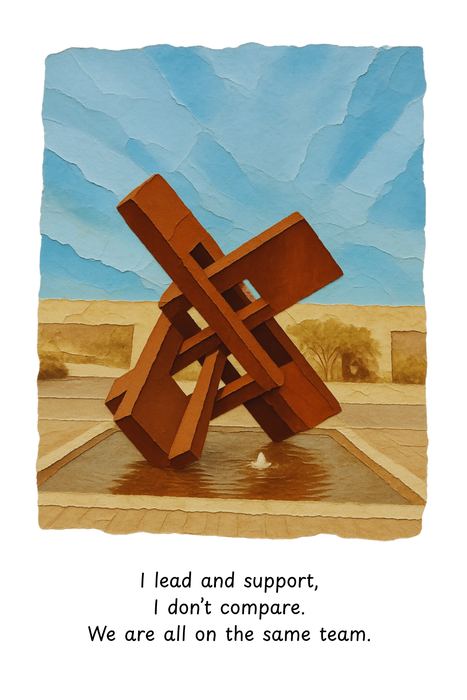 A page from The Sun Stone Theory: a torn-paper steel sculpture with the mantra ‘I lead and support, I don’t compare. We are all on the same team.’