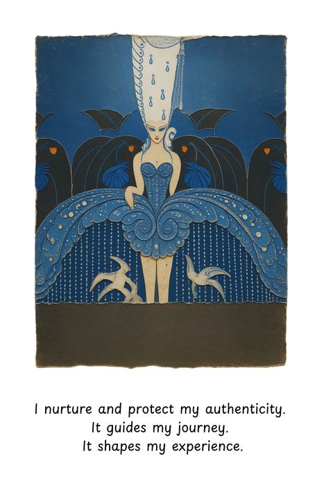 A page from The Sun Stone Theory: a torn-paper art-deco figure with the mantra ‘I nurture and protect my authenticity. It guides my journey. It shapes my experience.’