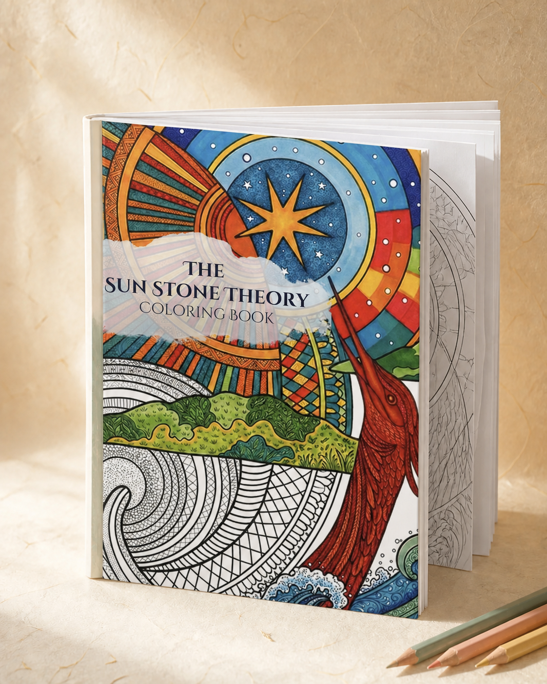 Realistic standing mockup of The Sun Stone Theory Coloring Book using Nicolas’s approved Sun Bird cover, with line-art pages and colored pencils visible