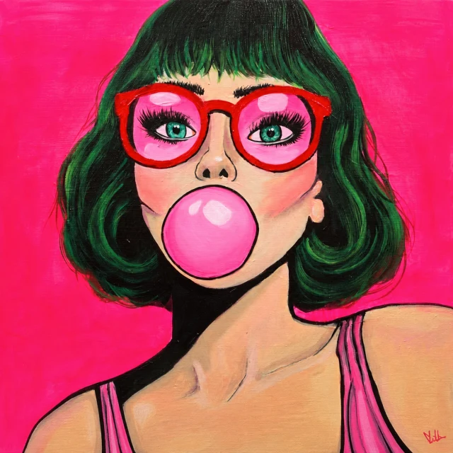Madyson's painted portrait of a woman with green hair, red glasses, and pink bubblegum