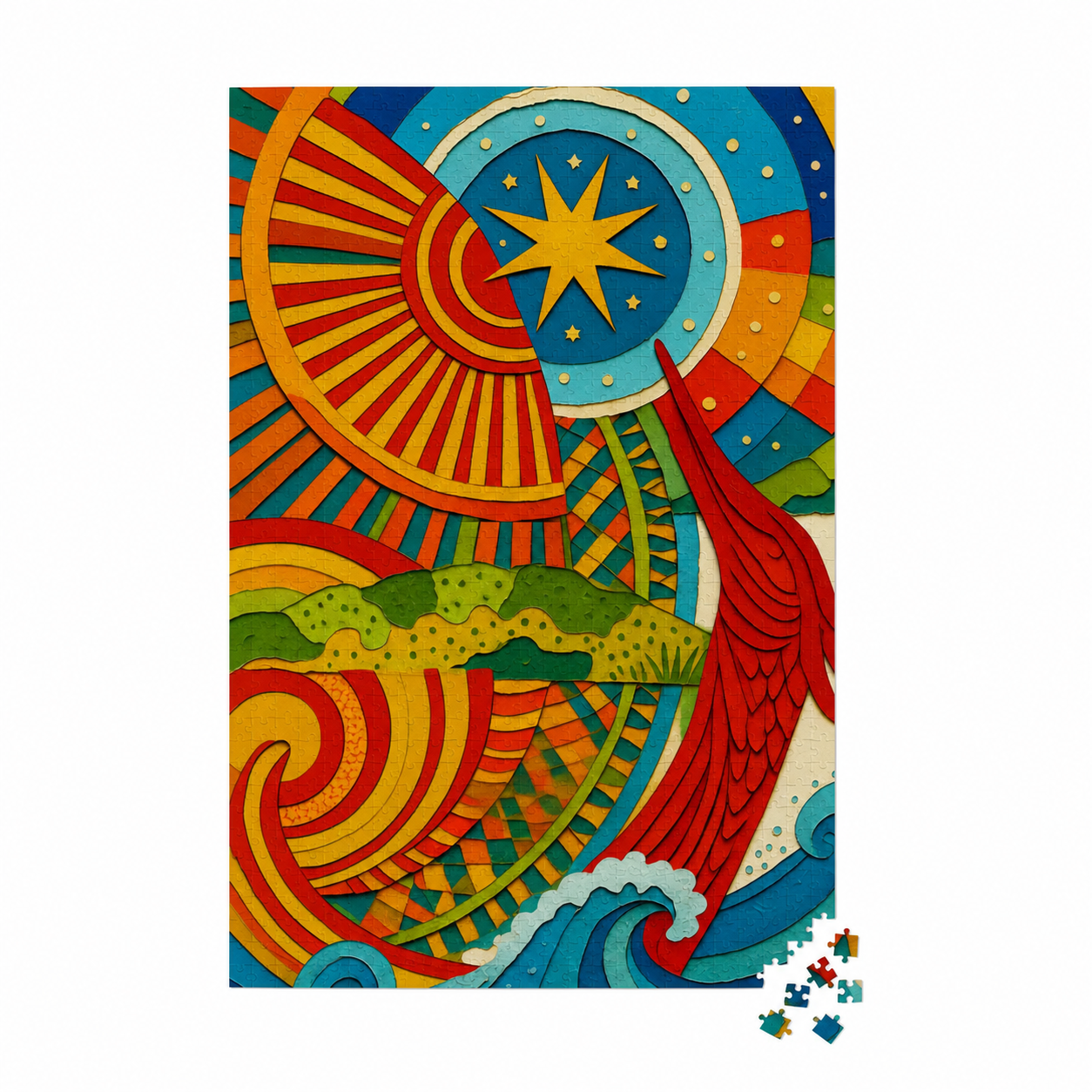 The Sun Bird artwork on Prodigi’s photographed 1,000-piece jigsaw, preserving the manufacturer’s physical piece style and loose-piece presentation