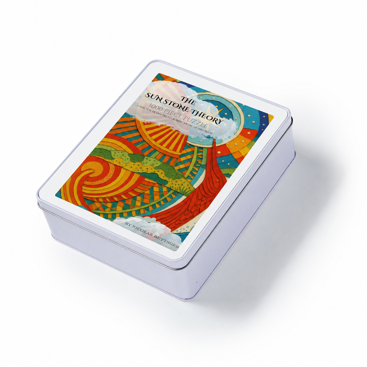 Prodigi’s large white metal puzzle tin with Nicolas’s approved Sun Bird 1,000-piece lid artwork centered at a reduced scale, leaving a generous white border